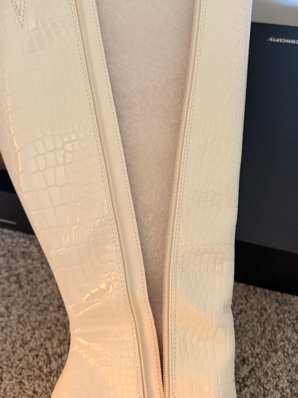 INC International Concepts White Croc-Embossed Pointed Toe Knee Boots - Picture 5 of 7